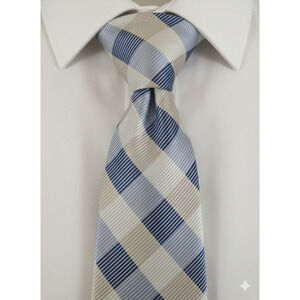 Silk Tie Rack creamy beige and blue plaid jacquard silk tie - 59.5"